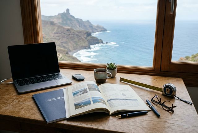 Informe pericial encuadernado sobre una mesa de trabajo frente a los acantilados del noroeste de Gran Canaria