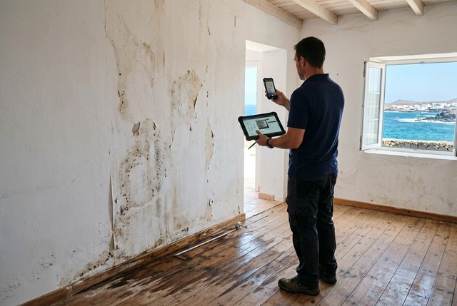 Perito fotografiando daños por agua en la pared de una vivienda canaria
