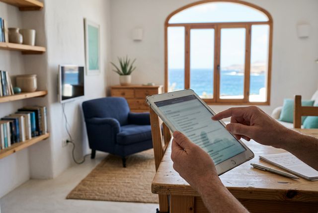 Inventario de mobiliario y electrodomésticos con una tablet en un salón canario con vistas al mar